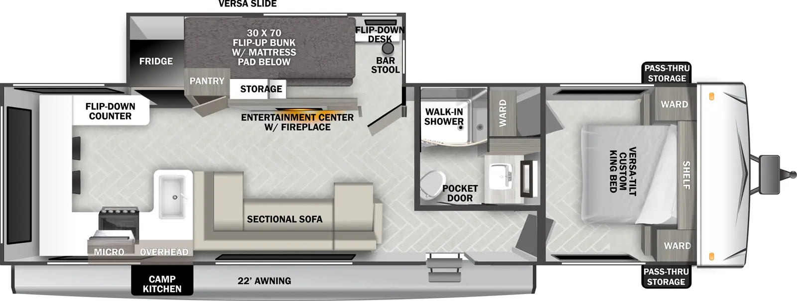 The Wildwood T29VIEW floorplan has one slideout and one entry. Exterior features a 22 foot awning, exterior camp kitchen, and front pass-thru storage. Interior layout front to back: foot facing versa-tilt custom king bed with overhead shelf, wardrobes on each side, and off-door side wardrobe; off-door side full bathroom with walk-in shower and pocket-door entry; entry door outside of bathroom; off-door side slideout with versa slide (a flip-down desk with barstool, and storage cubbies, and flip-up bunk with mattress pad below behind an entertainment center with fireplace), pantry and refrigerator; door side sectional sofa; peninsula kitchen counter with sink wraps to door side with microwave, overhead cabinet and cooktop, and continues to wrap to rear wall and off-door side with dining seating.
